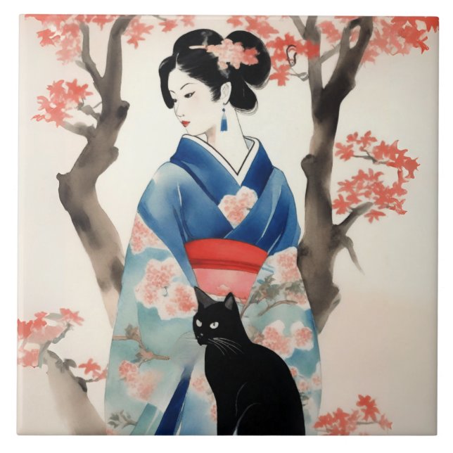 Azulejo Hermoso Chica japonés con un gato negro (Frente)