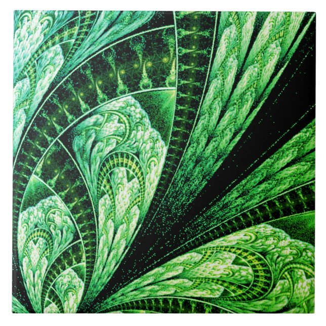Azulejo Hermoso diseño fractal verde arte digital (Frente)
