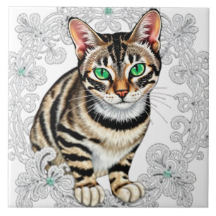 Azulejo Hermoso gato bengalí en el fondo de la coraza