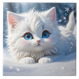 Azulejo Hermoso Gato Blanco Fluffy Ojos Azules Quejas Rosa