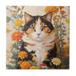 Azulejo Hermoso Gato Calico Con Flores Marigold