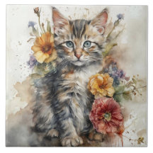 Hermoso gato de Tabby Gris rodeado de flores