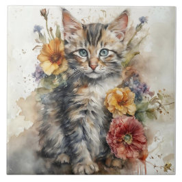 Azulejo Hermoso gato de Tabby Gris rodeado de flores