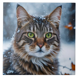 Azulejo Hermoso gato gris en la nieve