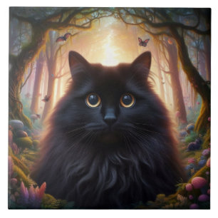 Azulejo Hermoso gato negro esponjoso con ojos dorados