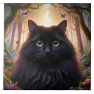 Azulejo Hermoso Gato Negro Fluffy con Ojos de Oro