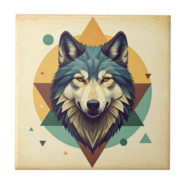 Azulejo Hermoso lobo geométrico vintage artístico Brown (Frente)