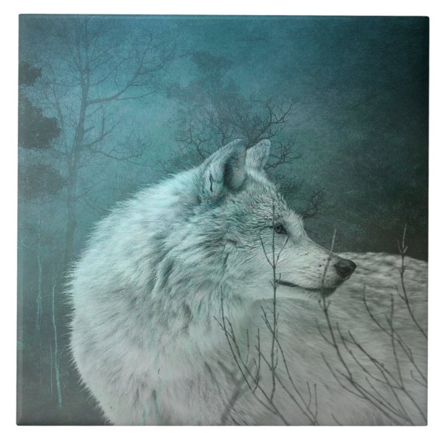 Azulejo Hermoso lobo gris en un bosque oscuro (Frente)