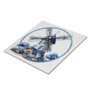 Azulejo Hermoso molino de agua de acuarela azul de Delft