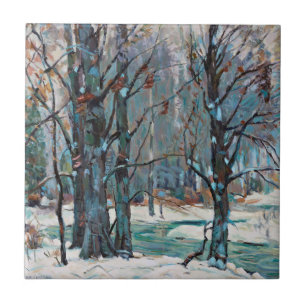 Azulejo Hermoso paisaje invernal de nieve con azules y gri