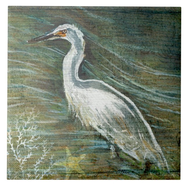 Azulejo Hermoso Pajarito De Egret En El Arte Del Agua (Gorgeous Egret Shorebird Wading Water ceramic tile from Jenn's Emporium.)