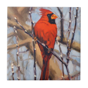 Azulejo Hermoso pájaro cardenal rojo en árbol desnudo