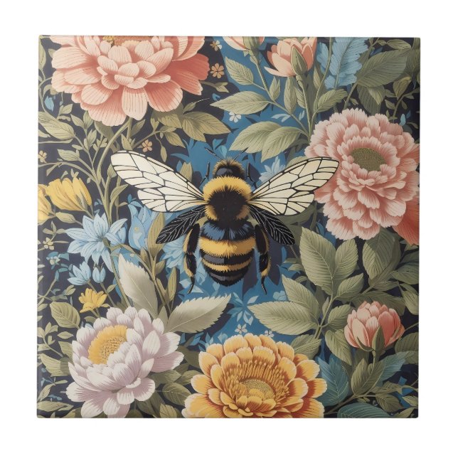 Azulejo Hermoso Pastel Floral Y Bumblebee (Frente)