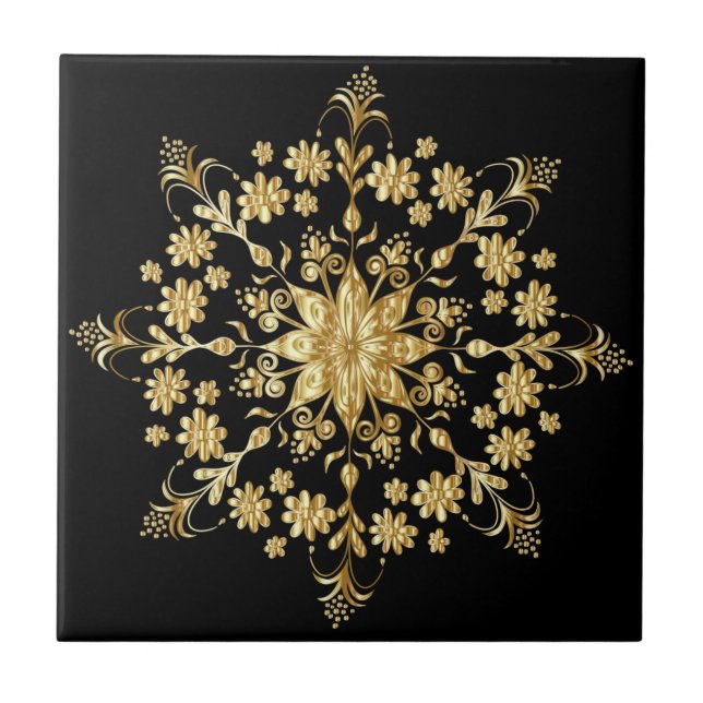Azulejo Hermoso patrón de Mandala dorada elegante negro (Frente)