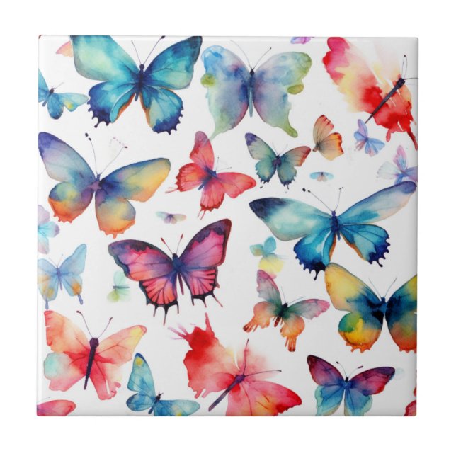 Azulejo Hermoso patrón de mariposa de arcoíris con acuarel (Frente)