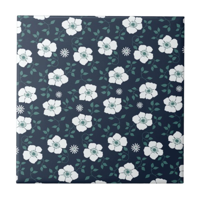 Azulejo Hermoso patrón floral azul y blanco (Frente)