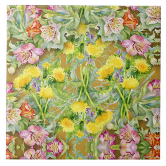 Azulejo Hermoso patrón floral colorido amarillo rosado