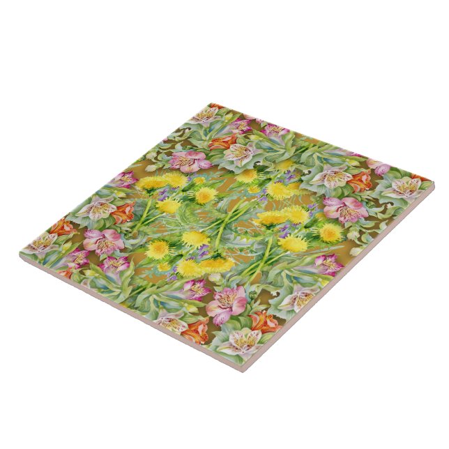 Azulejo Hermoso patrón floral colorido amarillo rosado (Lado)