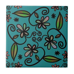 Azulejo Hermoso patrón floral en azul turquesa