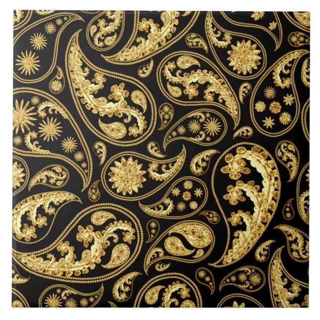 Azulejo Hermoso patrón negro y paisley de oro (Frente)