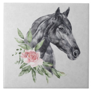 Azulejo Hermoso retrato de cabeza de caballo negro