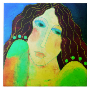 Azulejo Hermoso retrato digital abstracto de una mujer