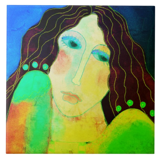 Azulejo Hermoso retrato digital abstracto de una mujer (Frente)