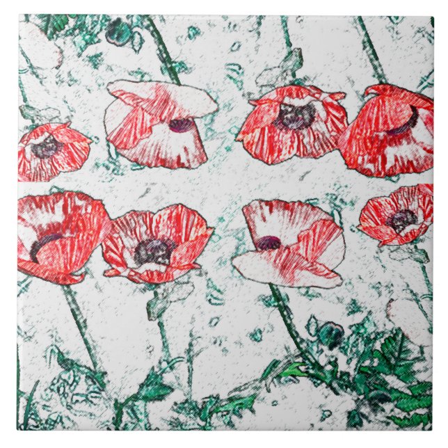 Azulejo Hermoso Sketch de flores rojas de tres amapolas (Frente)