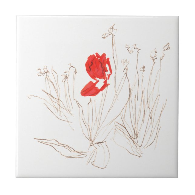 Azulejo Hermoso tulipán en el viento y la lluvia (Frente)