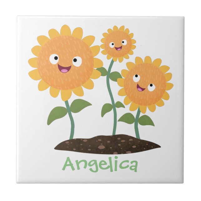 Azulejo Hermosos girasoles alegres sonrientes ilustracion  (Frente)