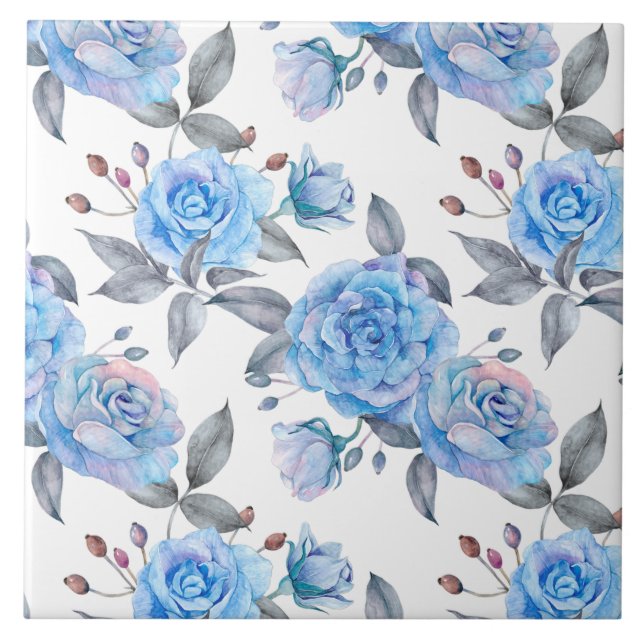 Azulejo Hermosos rosas azules, fondo blanco, (Frente)