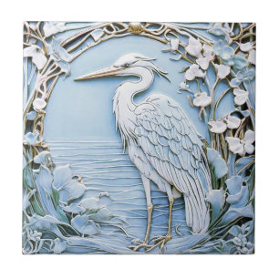 Azulejo Heron Sea Bird Art Nouveau Faux Relief Left Blue