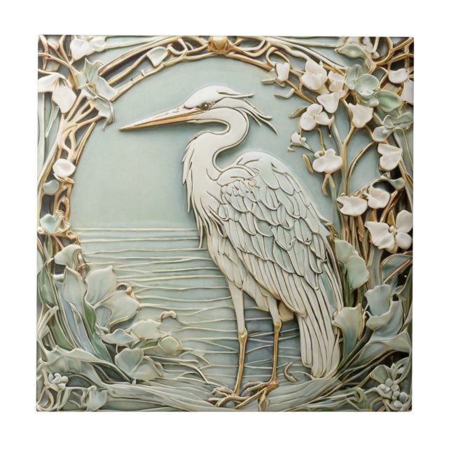 Azulejo Heron Sea Bird Art Nouveau Faux Relief Left Mint (Frente)