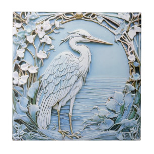 Azulejo Heron Sea Bird Art Nouveau Faux Relief Right Blue