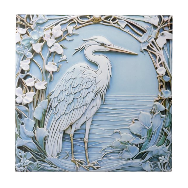Azulejo Heron Sea Bird Art Nouveau Faux Relief Right Blue (Frente)