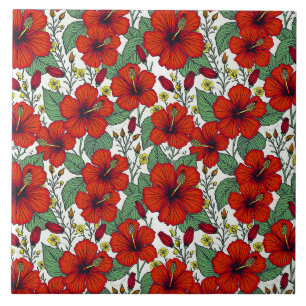 Azulejo Hibisco Botánico Rojo Tropical