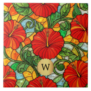 Azulejo Hibisco de Oro Rojo Monograma de Vidrio Falso Teñi
