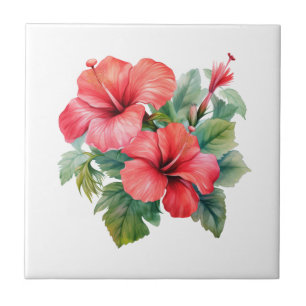 Azulejo Hibisco Rojo Floral Tropical Cocina Baño