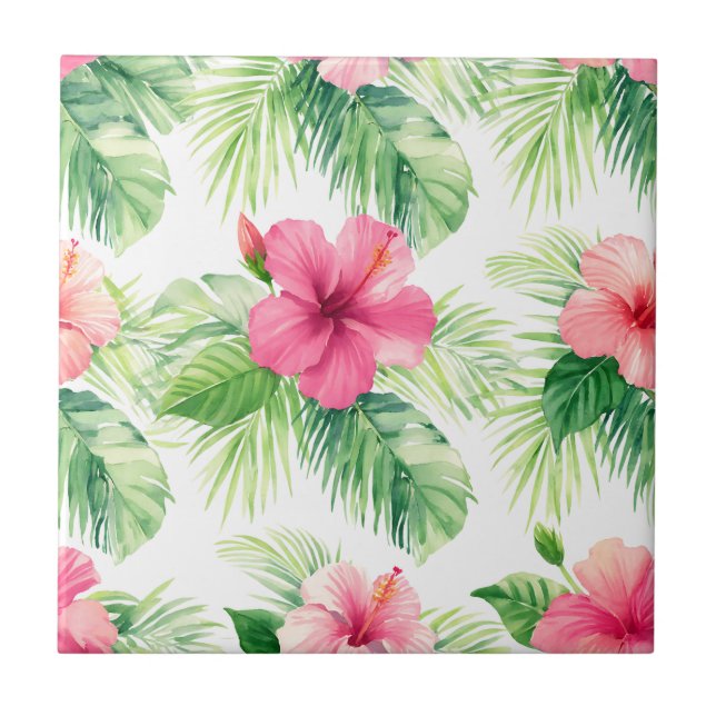 Azulejo Hibisco Rosa Palma Tropical Acuarela (Frente)