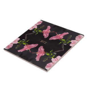 Azulejo Hibisco Rosa sobre Negro