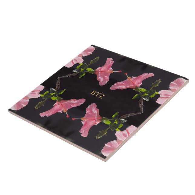 Azulejo Hibisco Rosa sobre Negro (Lado)