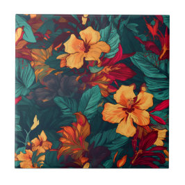 Azulejo Hibiscus colorido, floral verde Naranja amarillo