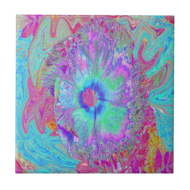 Azulejo Hibiscus psicodélico retro arcoiris azul (Frente)