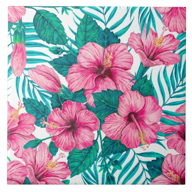 Azulejo Hibiscus y hojas de palmera (Frente)