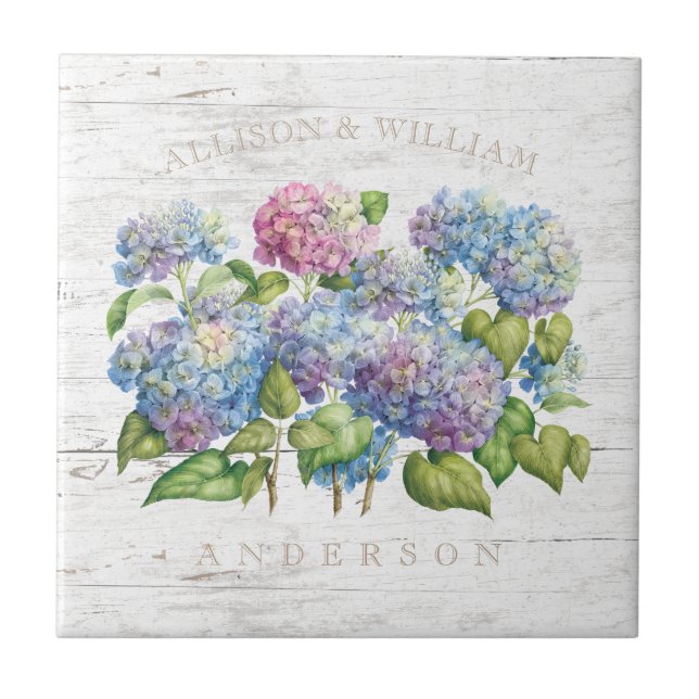 Azulejo Hidrangea azul rustica florece con nombres añadido (Frente)