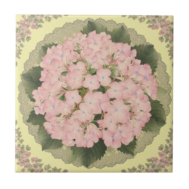 Azulejo Hidrangea rosa Blooms Amarillo Floral Tile cerámic (Frente)