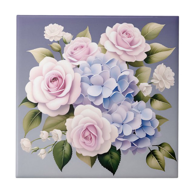 Azulejo Hidrangeas y flores de Rosa de buen gusto (Frente)