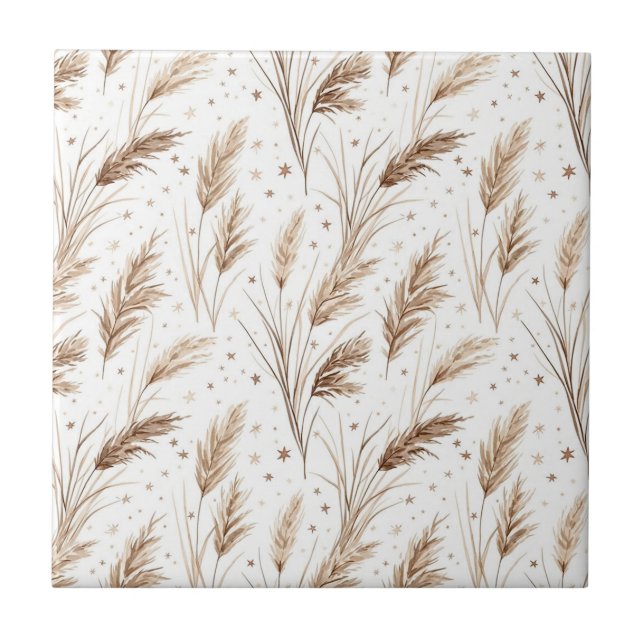 Azulejo Hierba de Pampas Boho Beige Marrón Patrón de Estre (Frente)