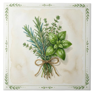 Azulejo Hierbas culinarias acuarela rústica