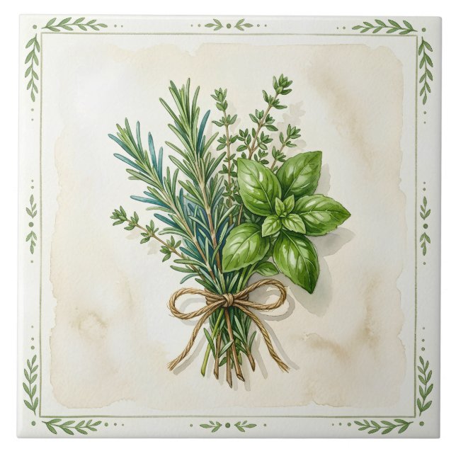 Azulejo Hierbas culinarias acuarela rústica (Frente)